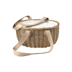 Evviva Cestino picnic. Esterno in vimini intrecciato con interno termico e tavolino pieghevole con vano porta bicchiere. Pratiche maniglie per il