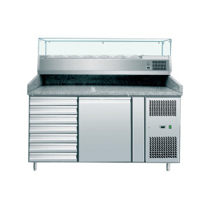 Amitek Banco Pizza Refrigerato Ventilato 1 Porta - 7 Cassetti - Vetrina 5 Bacinelle GN1