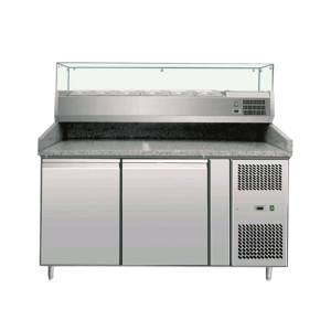 Amitek Banco Pizza Refrigerato 2 Porte con Vetrina 5 Bacinelle GN1/3 + 1 Bacinella GN1/