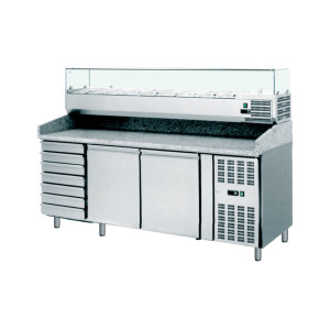 Amitek Banco Pizza Refrigerato 2 Porte - 7 Cassetti - Vetrina 10 Bacinelle GN1/4