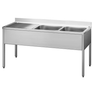 INOX BIM Lavatoio su Gambe in Acciaio Inox - 2 Vasche + Sgocciolatoio Sinistro - Profondi