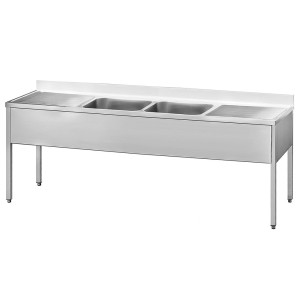 INOX BIM Lavatoio su Gambe in Acciaio Inox -  2 Vasche + 2 Sgocciolatoi - Profondità Cm 7