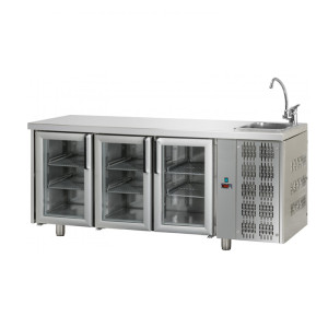 Tecnodom Tavolo Refrigerato 3 Porte a Vetro GN 1/1 - Lavello Destro Vasca Singola