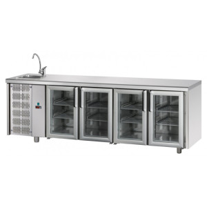Tecnodom Tavolo Refrigerato 4 Porte a Vetro GN 1/1 - Lavello Sinistro Vasca Singola