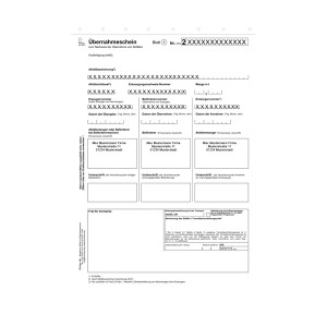 Übernahmeschein 4-fach, Trennsatz 21 x 29,7 cm, mit laufender Nummerierung und Eindruck Ihrer Stammdaten 100er Pack