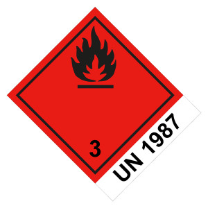 Gefahrzettel Gefahrgutaufkleber Klasse 3 Entzündbare, flüssige Stoffe mit UN 1987 Flamme Schwarz