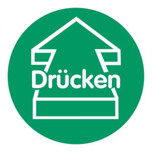 Türetikett Aufkleber "Drücken" grün mit Pfeil, Folie rund 75 mm