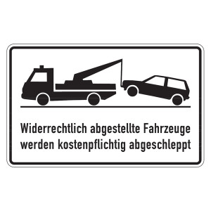 Hinweisschild "Widerrechtlich abgestellte Fahrzeuge werden kostenpflichtig abgeschleppt " Aluminium geprägt und gelocht 400 x 250 mm