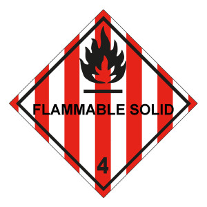 Gefahrzettel, Gefahrgutaufkleber Klasse 4.1 Entzündbare feste Stoffe mit Zusatztext FLAMMABLE SOLID, Flamme Schwarz