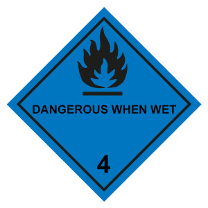 Gefahrzettel, Gefahrgutaufkleber Klasse 4.3 Stoffe, die mit Wasser entzündliche Gase bilden mit Zusatztext DANGEROUS WHEN WET, Flamme Schwarz