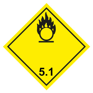 Gefahrzettel, Gefahrgutaufkleber Klasse 5.1 Entzündend (oxidierend) wirkende Stoffe, Flamme über einem Kreis Schwarz
