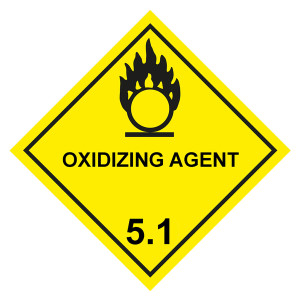 Gefahrzettel, Gefahrgutaufkleber Klasse 5.1 Entzündend (oxidierend) wirkende Stoffe, Flamme über einem Kreis Schwarz mit Zusatztext OXIDIZING AGENT