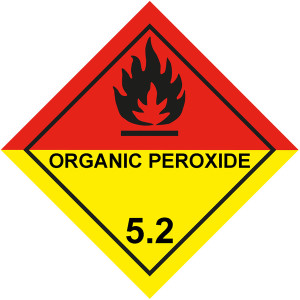 Gefahrzettel, Gefahrgutaufkleber Klasse 5.2 Organische Peroxide, Flamme Schwarz mit Zusatztext ORGANIC PEROXIDE
