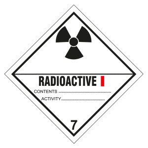 Gefahrzettel, Gefahrgutaufkleber Klasse 7A Radioaktive Stoffe, Strahlensymbol Schwarz mit Zusatztext RADIOACTIVE I