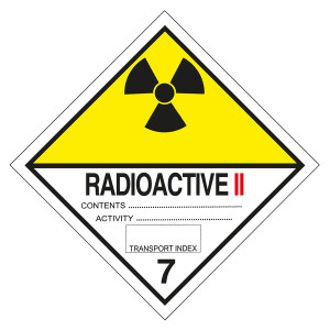 Gefahrzettel, Gefahrgutaufkleber Klasse 7B Radioaktive Stoffe, Strahlensymbol Schwarz mit Zusatztext RADIOACTIVE II