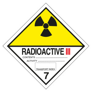 Gefahrzettel, Gefahrgutaufkleber Klasse 7C Radioaktive Stoffe, Strahlensymbol Schwarz mit Zusatztext RADIOACTIVE III