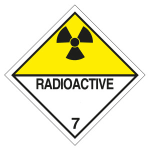 Gefahrzettel, Gefahrgutaufkleber Klasse 7D Radioaktive Stoffe, Strahlensymbol Schwarz mit Zusatztext RADIOACTIVE