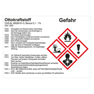 GHS Gefahrstoffetikett Ottokraftstoff UN 1203, für interne Verwendung