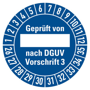 Prüfplaketten blau Ø 30 mm "Geprüft von nach DGUV Vorschrift 3" 10 Stück/Bogen