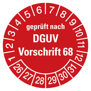 Prüfplaketten rot Ø 30 mm "geprüft nach DGUV Vorschrift 68" 10 Stück/Bogen