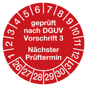 Prüfplaketten rot Ø 30 mm "geprüft nach DGUV Vorschrift 3 Nächster Prüftermin" 10 Stück/Bogen