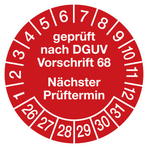 Prüfplaketten rot Ø 30 mm "geprüft nach DGUV Vorschrift 68 Nächster Prüftermin" aus PVC-Folie 10 Stück/Bogen