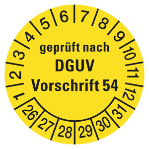 Prüfplaketten gelb Ø 30 mm "geprüft nach DGUV Vorschrift 54" aus PVC-Folie 10 Stück/Bogen