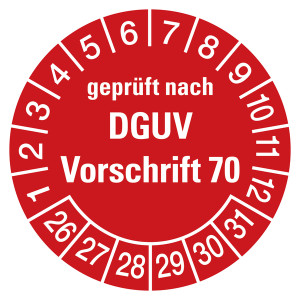 Prüfplaketten rot Ø 30 mm "geprüft nach DGUV Vorschrift 70" aus PVC-Folie 10 Stück/Bogen