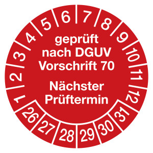 Prüfplaketten rot Ø 30 mm "geprüft nach DGUV Vorschrift 70 Nächster Prüftermin" aus PVC-Folie 10 Stück/Bogen