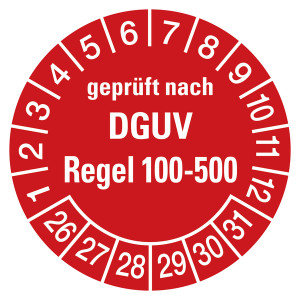 Prüfplaketten rot Ø 30 mm "geprüft nach DGUV Regel 100-500" aus PVC-Folie 10 Stück/Bogen