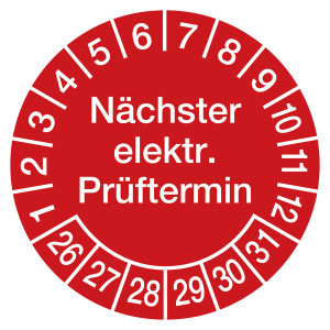 Prüfplaketten rot Ø 30 mm "Nächster elektr. Prüftermin" aus PVC-Folie 10 Stück/Bogen