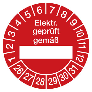 Prüfplaketten rot Ø 30 mm "Elektr. geprüft gemäß" aus PVC-Folie 10 Stück/Bogen