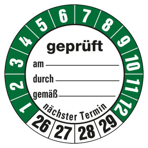 Prüfplaketten weiß Ø 35 mm "geprüft am, durch, gemäß" aus PVC-Folie 10 Stück/Bogen