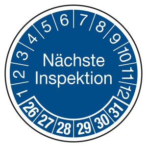 Prüfplaketten blau Ø 30 mm "Nächste Inspektion" aus PVC-Folie 10 Stück/Bogen