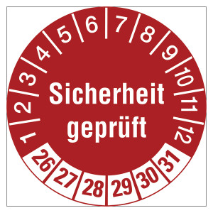 Prüfplaketten rot Ø 30 mm "Sicherheit geprüft" aus PVC-Folie 10 Stück/Bogen