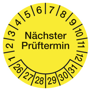 Prüfplaketten gelb Ø 15, 20 oder 30 mm "Nächster Prüftermin" 10 Stück/Bogen