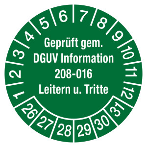 Prüfplaketten grün Ø 30 mm "Geprüft gem. DGUV Information 208-016 Leitern u. Tritte" aus PVC-Folie 10 Stück/Bogen