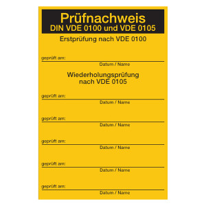 Prüfnachweis DIN VDE 0100 und VDE 0105 gelb, Folie 80 x 120 mm