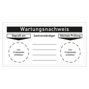 Grundplakette Wartungsnachweis Geprüft am Sachverständiger Nächste Prüfung Folie 120 x 60 mm 6 Stück/Bogen