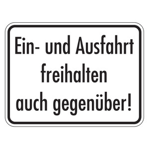 Hinweisschild "Ein- und Ausfahrt freihalten auch gegenüber!" Aluminium geprägt und gelocht 400 x 300 mm