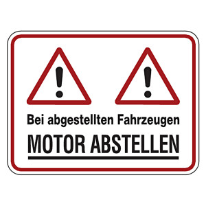 Hinweisschild "Bei abgestellten Fahrzeugen MOTOR ABSTELLEN" Aluminium geprägt und gelocht 400 x 300 mm