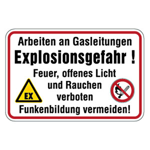Verbotsschild Arbeiten an Gasleitungen Explosionsgefahr Aluminium geprägt und gelocht 600 x 400 mm
