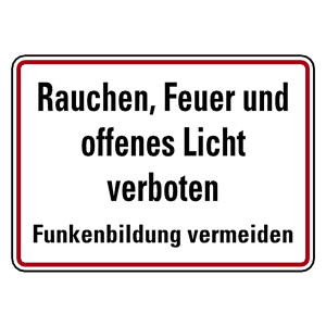 Verbotsschild Rauchen, Feuer und offenes Licht verboten Funkenbildung vermeiden Aluminium geprägt und gelocht 350 x 250 mm Einzelschild