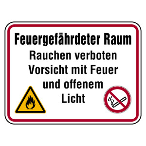 Hinweisschild "Feuergefährderter Raum - Rauchen verboten - Vorsicht mit Feuer und offenem Licht" Aluminium geprägt und gelocht 400 x 300 mm