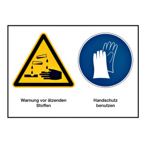 Hinweisschild "Warnung vor ätzenden Stoffen / Handschutz benutzen" nach DIN EN ISO 7010 Aufkleber Folie 210 x 148 mm