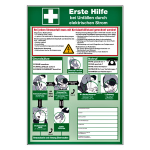Ersten Hilfe bei Unfällen durch elektrischen Strom praxisbewährt aus Kunststoff, Größe 410 x 595 mm, gelocht