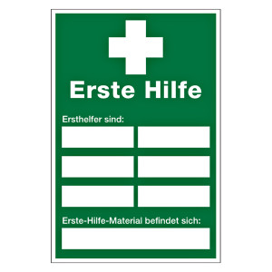 Rettungszeichen Erste Hilfe Ersthelferaushang mit Beschriftungsfeldern Kunststoff 200 x 300 mm