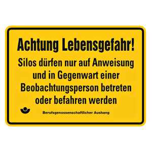 Hinweisschild "Achtung Lebensgefahr! Silos" aus Aluminium geprägt und gelocht
