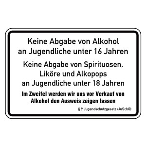 Hinweisschild "Keine Abgabe von Alkohol an Jugendliche unter 16 Jahren" aus Aluminium geprägt und gelocht, 300 x 200 mm