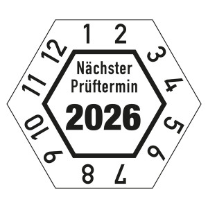 Jahresprüfplaketten 30 x 26 mm "Nächster Prüftermin" sechseckig aus PVC-Folie 10 Stück/Bogen